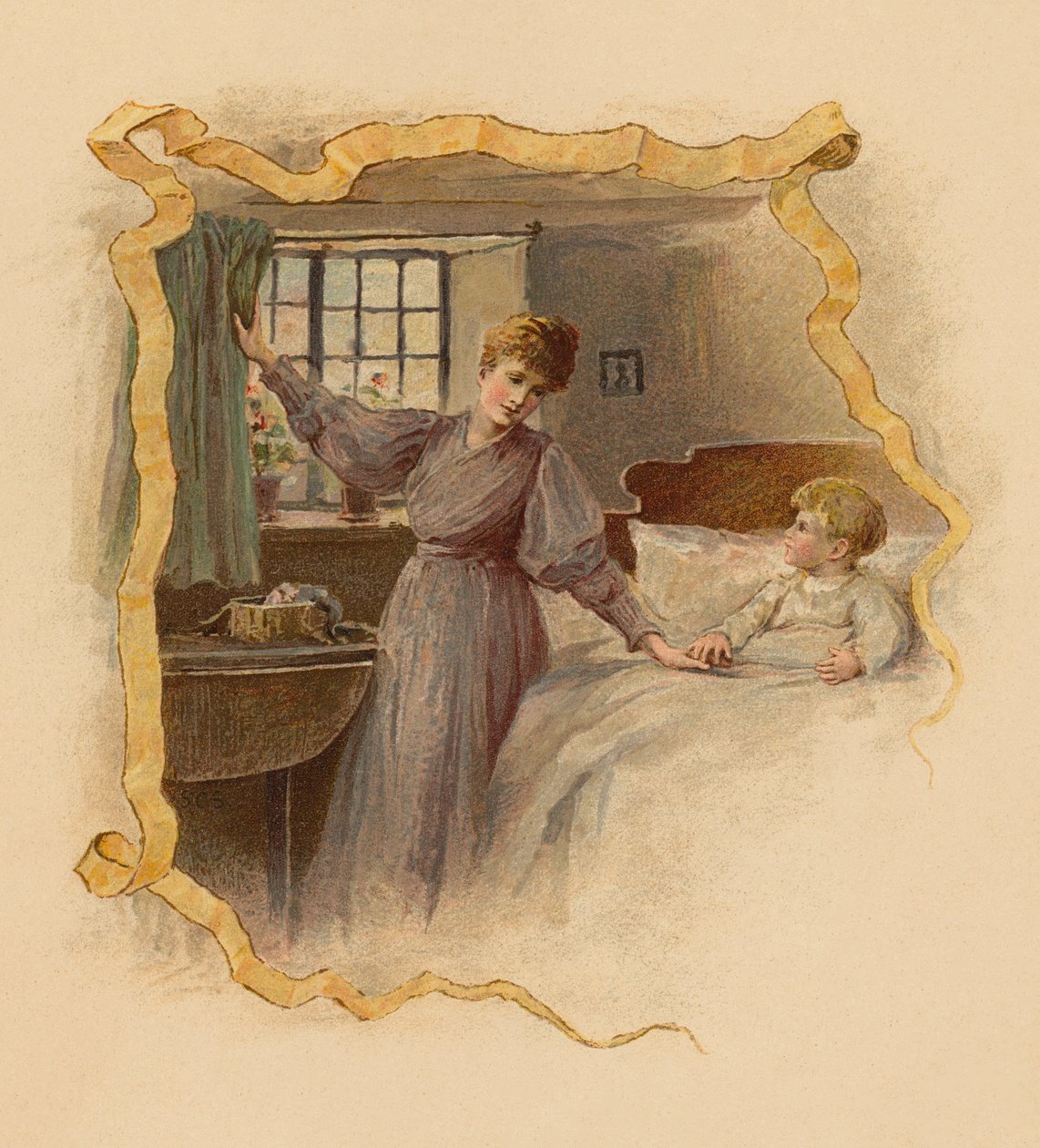 Mère réveillant son fils le matin (chromolitho) - English School