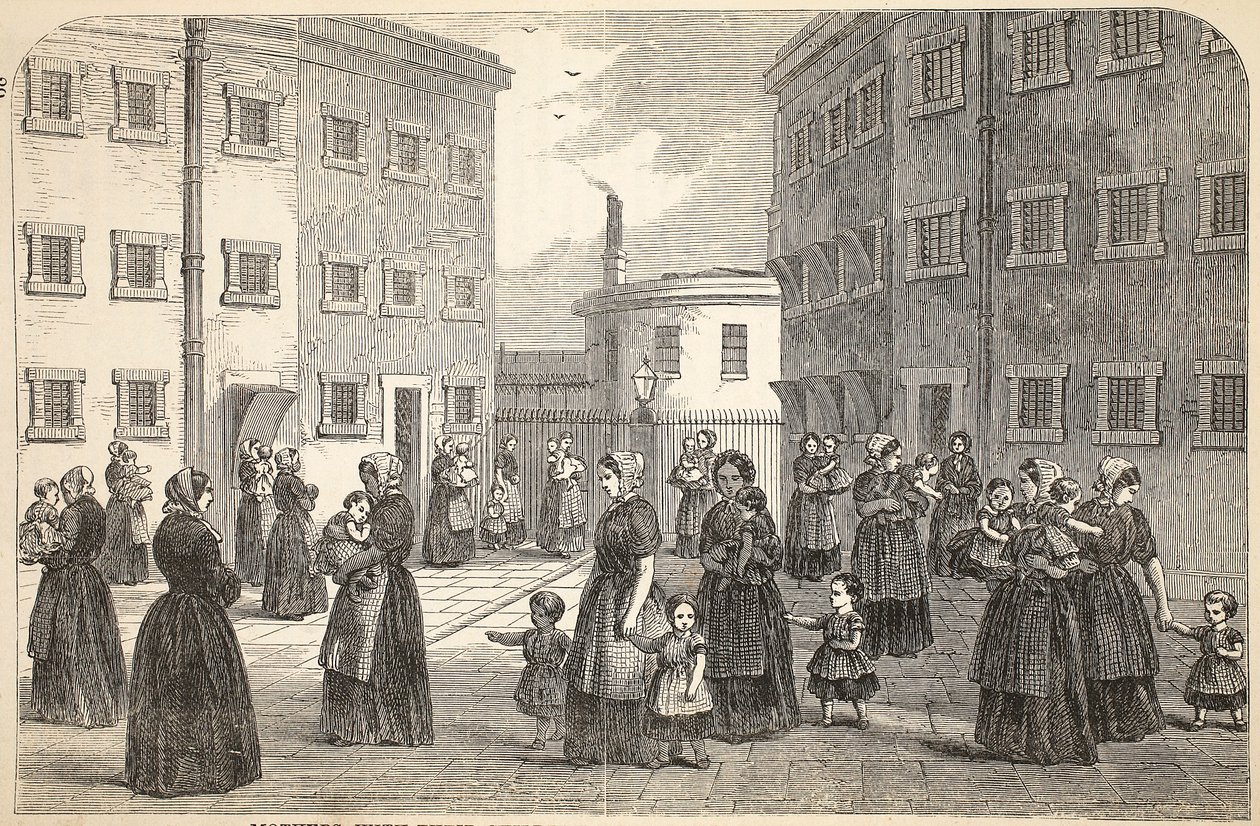 Mères, avec leurs enfants, exerçant à la prison de Tothill Fields, illustration de The Criminal Prisons of London and Scenes from Prison Life par Henry Mayhew et John Binny, pub. 1862 - English School