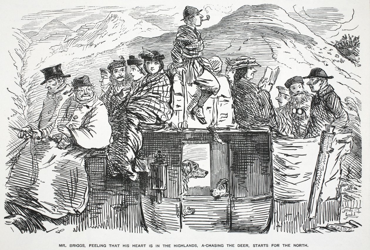 M. Briggs, sentant que son cœur est dans les Highlands, à la chasse aux cerfs, part pour le Nord, illustration de Punch - English School