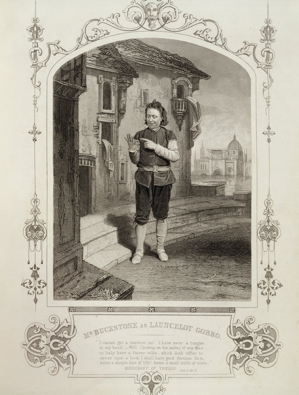 M. Buckstone en Lancelot Gobbo, Acte II Scène 2, dans Le Marchand de Venise de William Shakespeare (1564-1616) - English School