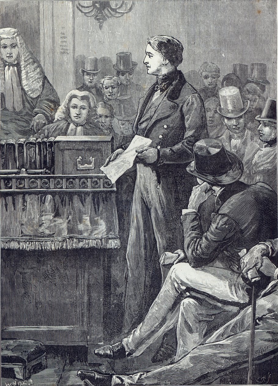 M. Gladstone prononçant son premier discours à la Chambre des communes - English School