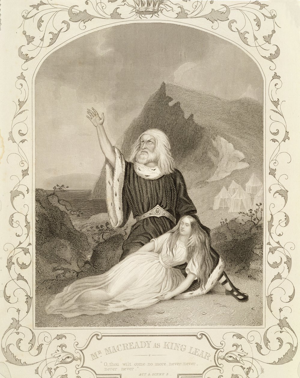 M. Macready en roi Lear, Acte V Scène 3, dans la pièce de William Shakespeare (1564-1616) - English School