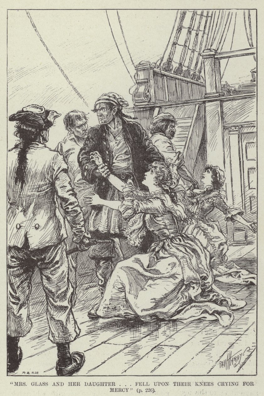 "Mme Glass et sa fille se sont agenouillées en demandant grâce" (gravure) - English School