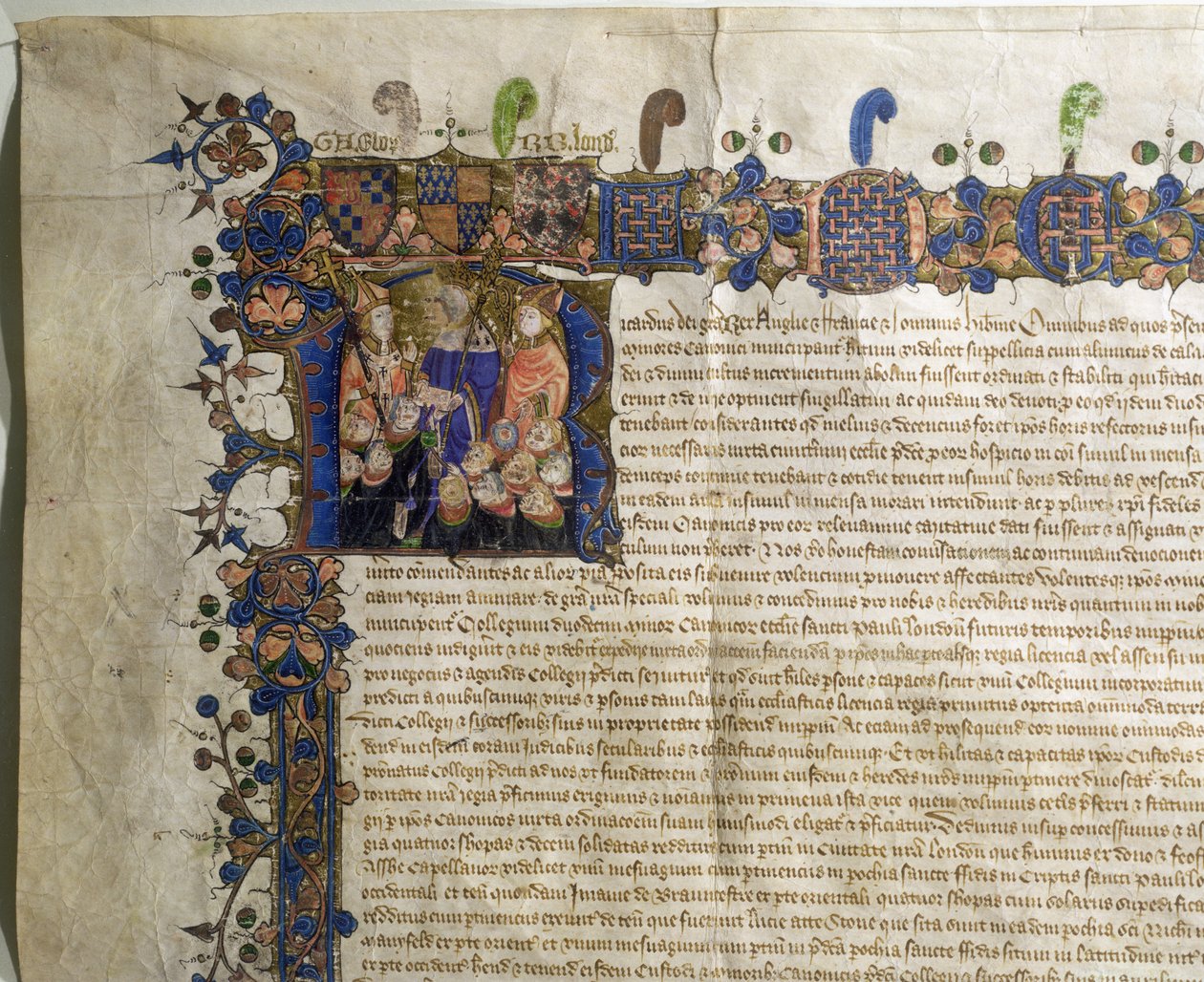 Ms.29410 Initiale historiée R représentant des chanoines mineurs de la Cathédrale Saint-Paul, détail de la Charte Royale d