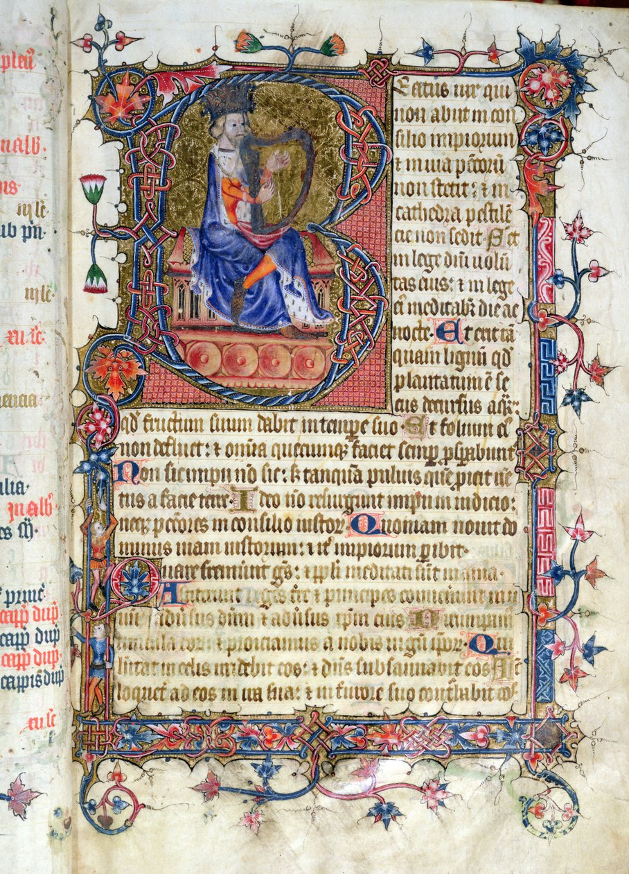 Ms 26 fol.7r. Psaume 1, David jouant de la harpe, du Psautier de l