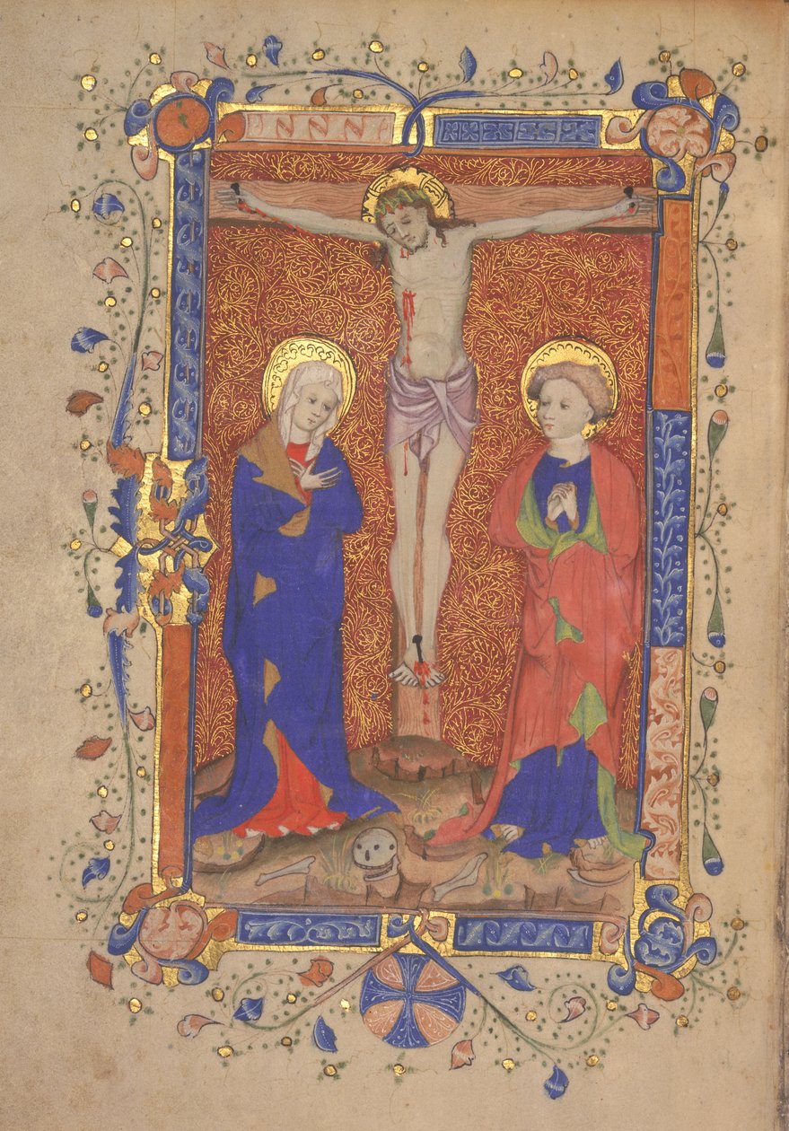 Ms 515 fol.108r Crucifixion avec Sainte Marie et Saint Jean-Baptiste, du Missel de Saint Botolph Aldersgate, vers 1420-30 - English School