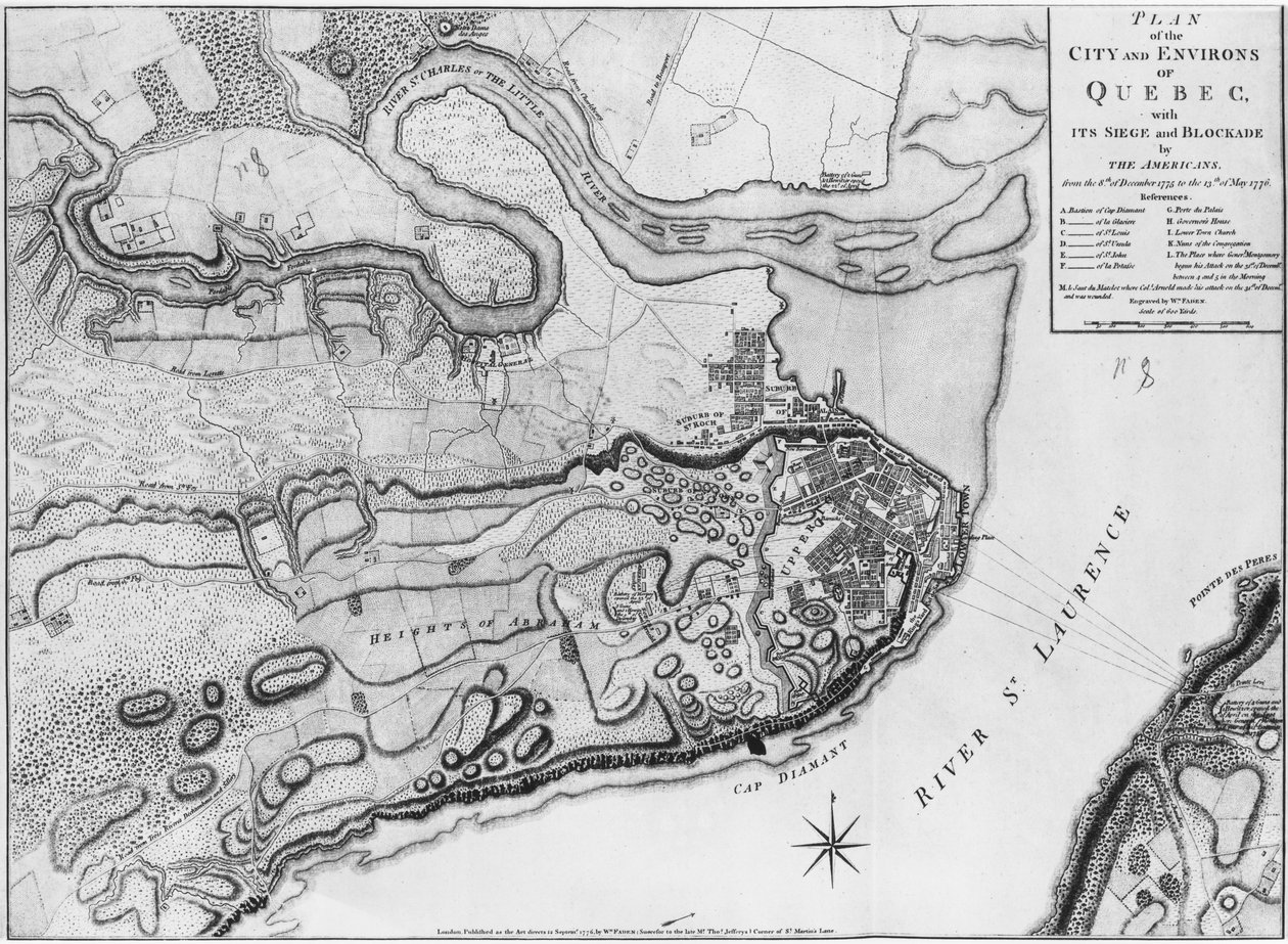 Ms A 224 f.8 Carte de la ville et des environs de Québec avec son siège et blocus par les Américains, illustration de l