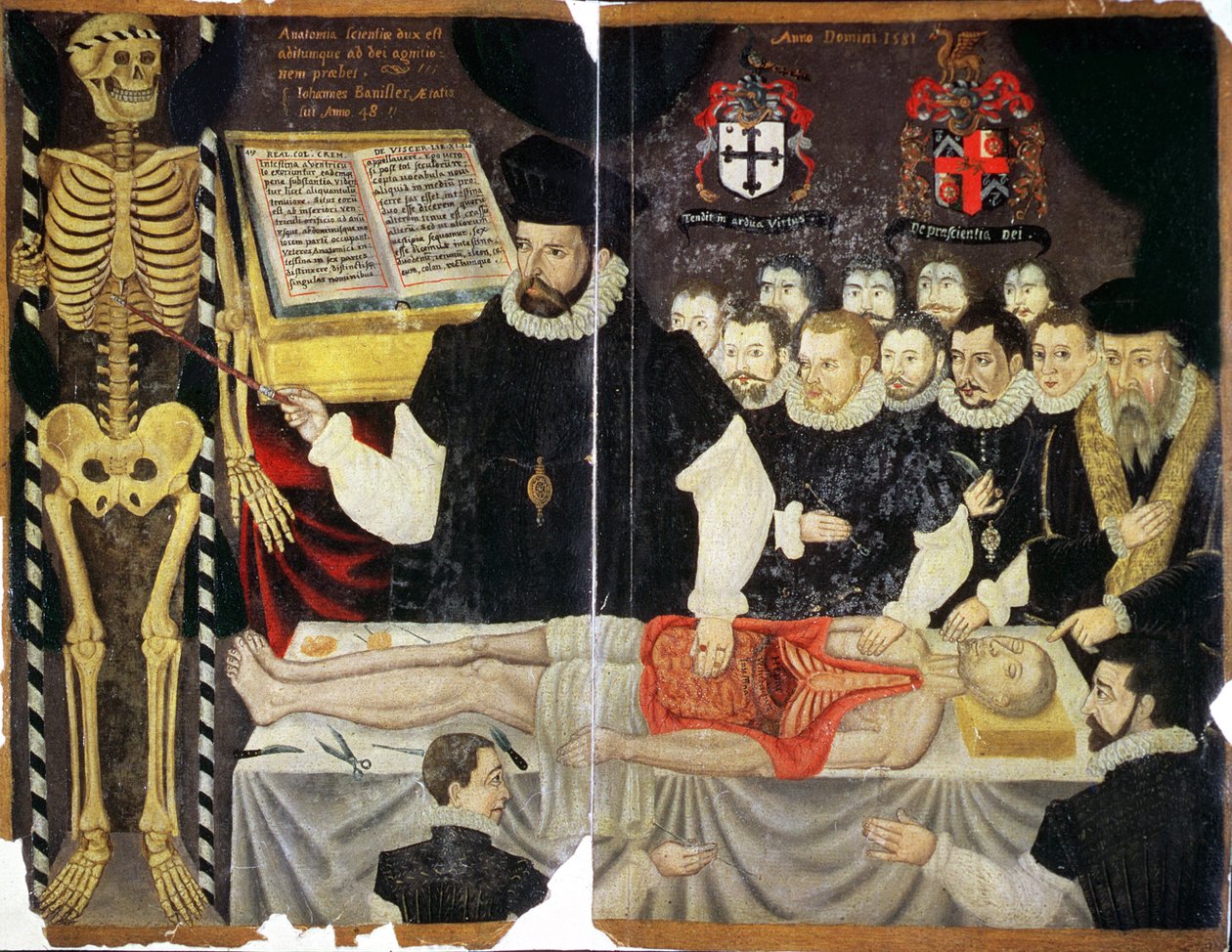 Ms Hunter 364 Top v14 fol.59 Frontispice, conférence de John Bannister avec dissection - English School