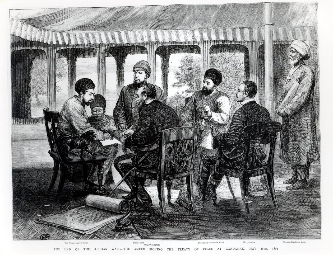 Muhammad Yaqub Khan (1849-1923) signant le traité de paix à Gundamak le 26 mai 1879 - English School