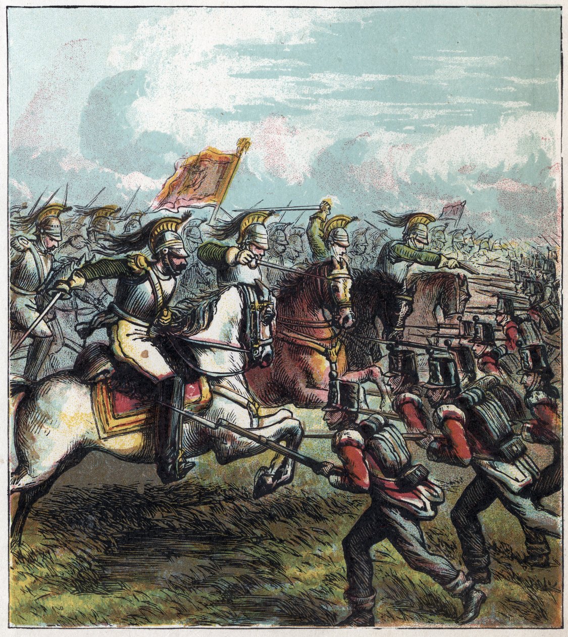 Guerre napoléonienne : la bataille de Waterloo le 18/06/1815. La cavalerie française de Napoléon Ier charge l