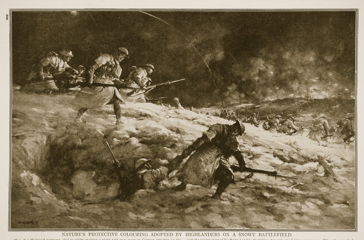 Coloration protectrice de la nature adoptée par les Highlanders sur un champ de bataille enneigé, 1914-19 - English School