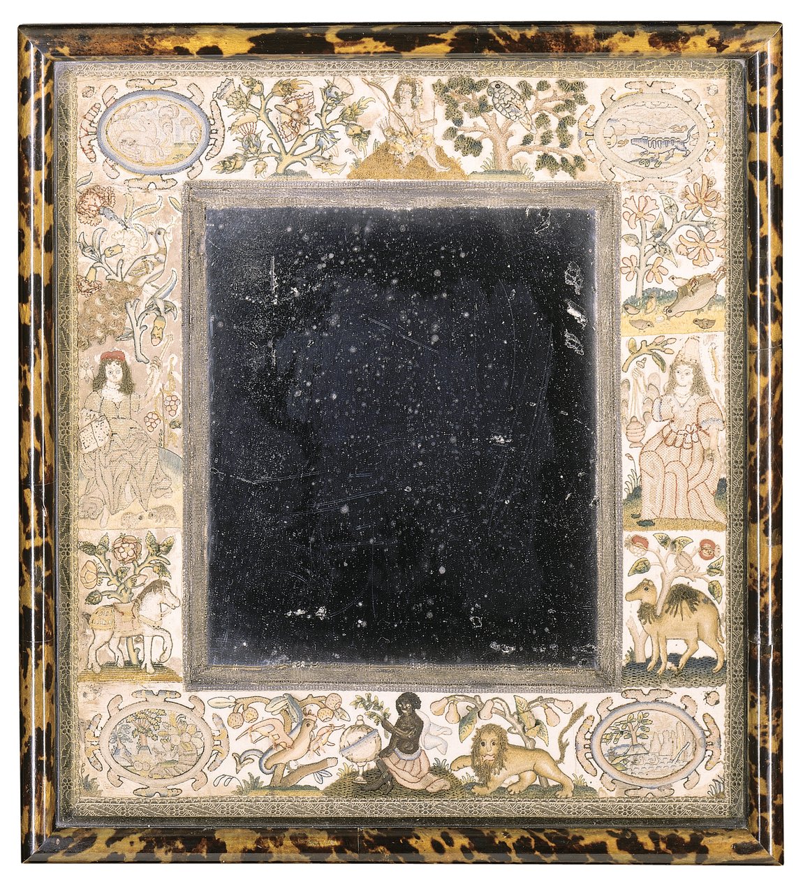 Miroir brodé avec des personnifications des continents - English School