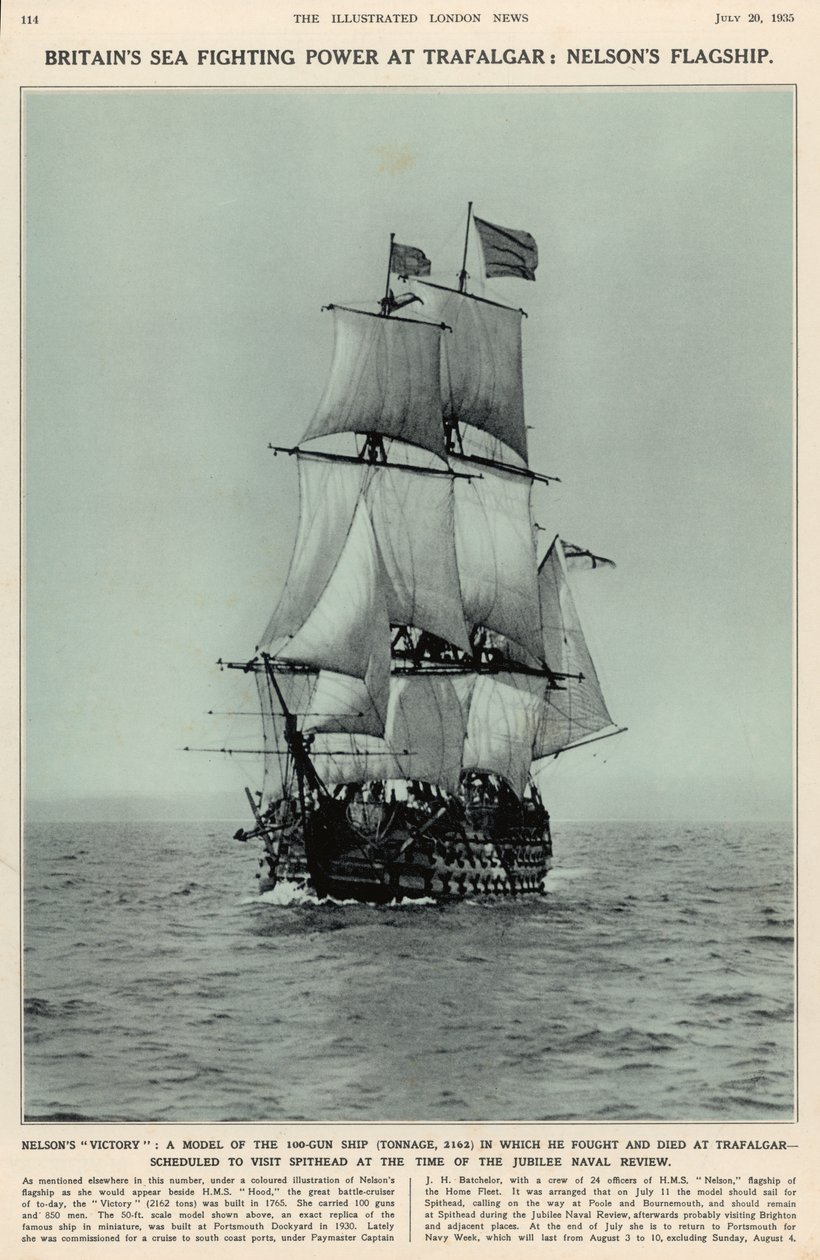 La victoire de Nelson : un modèle du navire de 100 canons dans lequel il a combattu et est mort à Trafalgar, de The Illustrated London News Royal Naval and Military Review, 20 juillet 1935 - English School