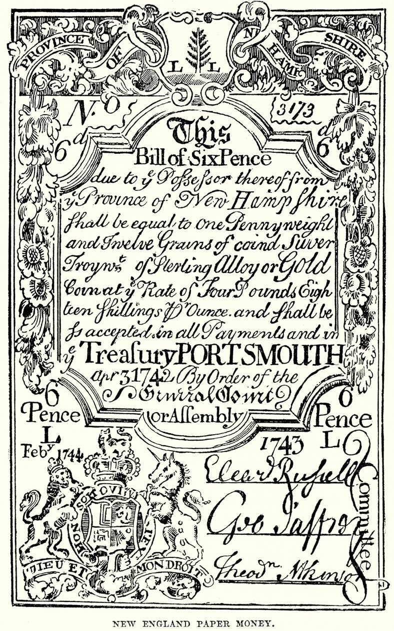 Monnaie de papier de la Nouvelle-Angleterre (gravure) - English School