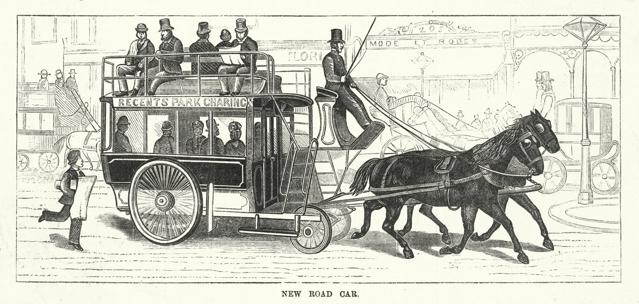 Nouvelle voiture de route à Londres (gravure) - English School