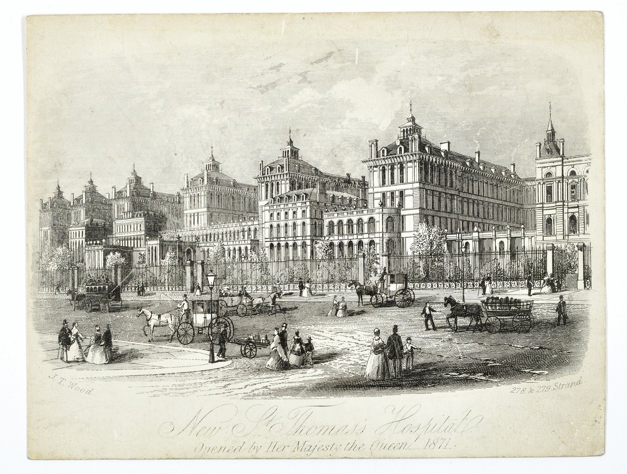 Nouvel hôpital St. Thomas, ouvert par Sa Majesté la Reine en 1871 - English School