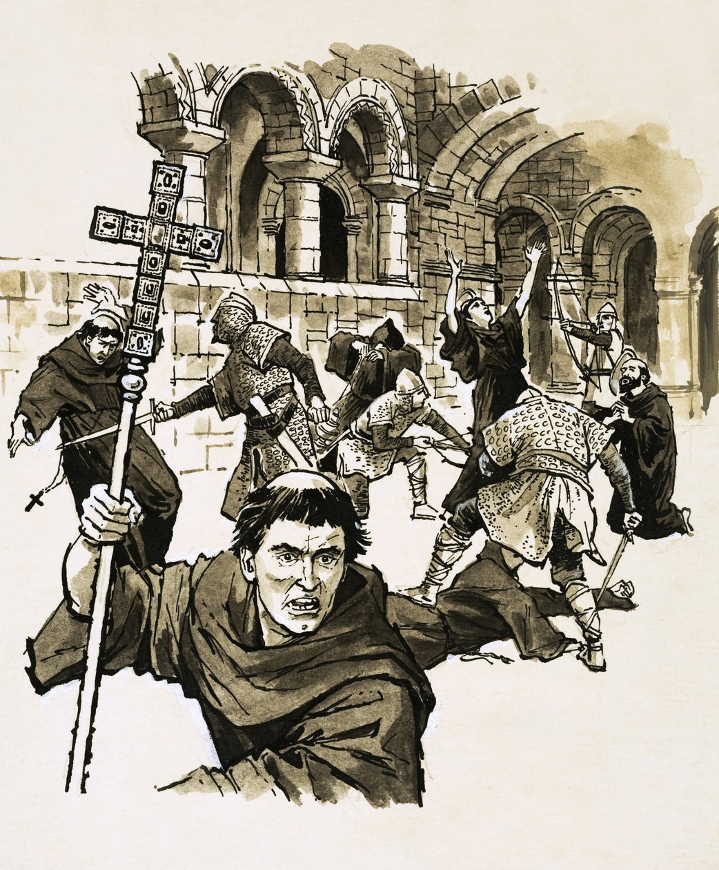 Les soldats normands tuent les moines rebelles dans leur église de Glastonbury. - English School