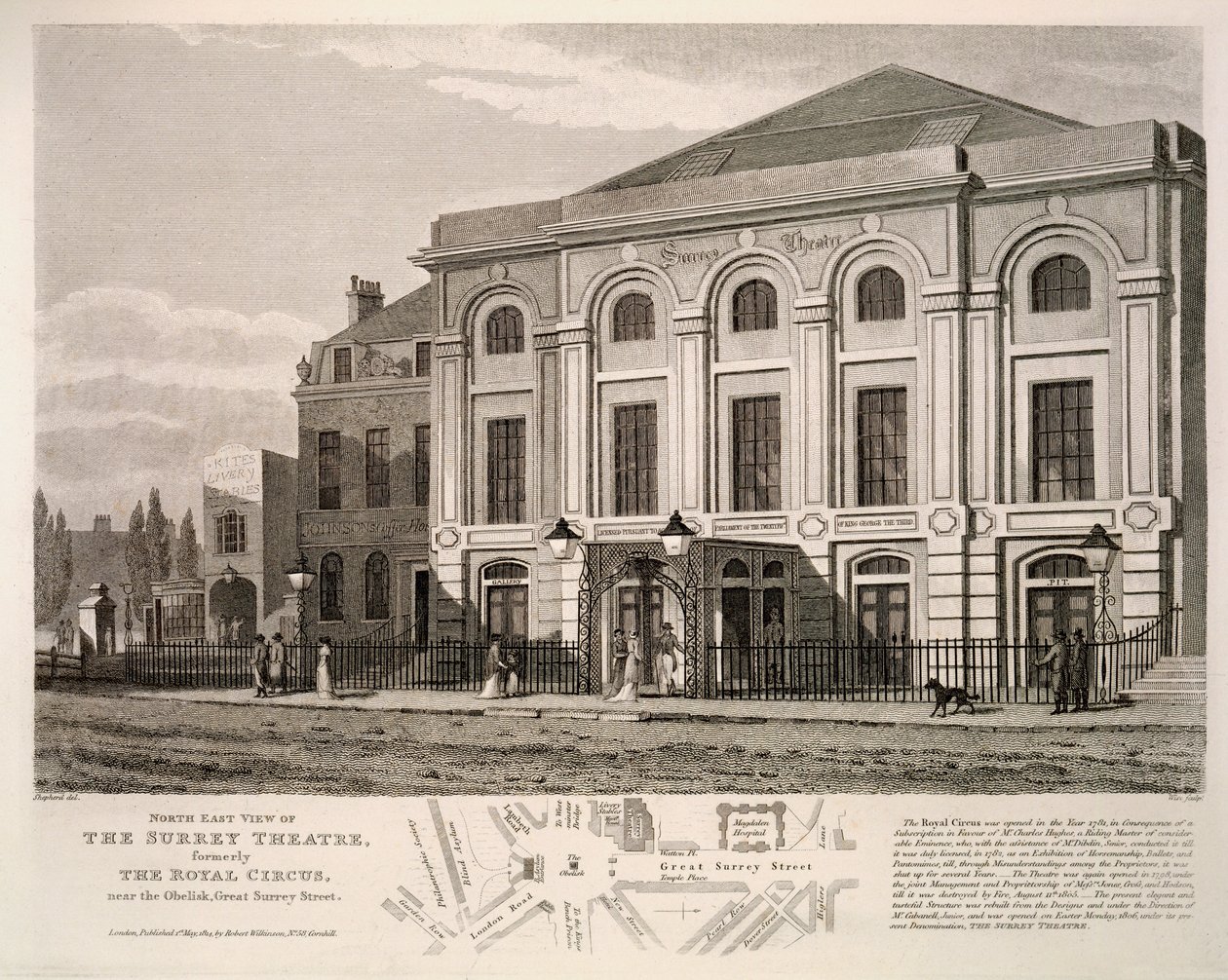 Vue Nord-Est du Théâtre de Surrey, anciennement Le Royal Circus près de l