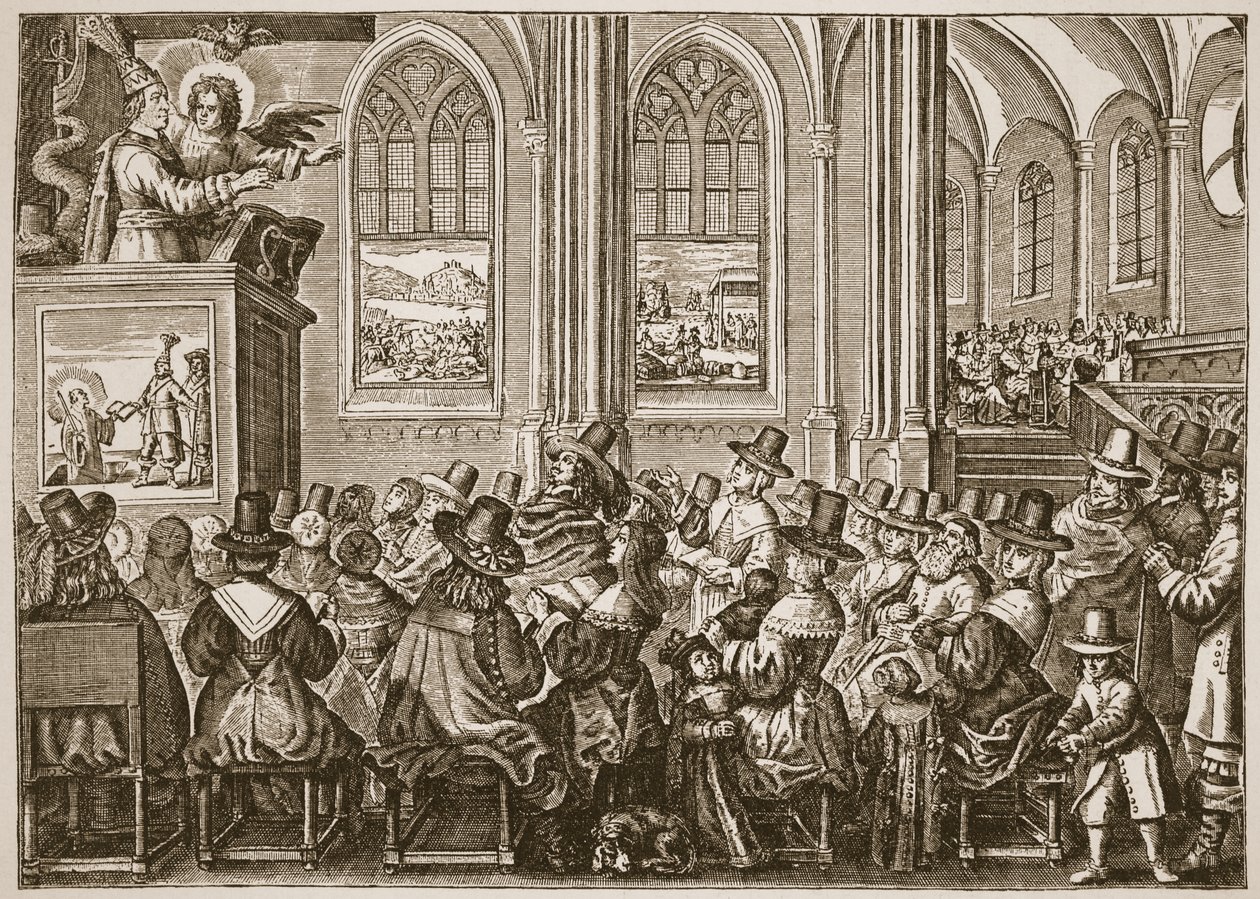 Oliver Cromwell prêchant à une congrégation puritaine, illustration de The Church of England: A History for the People par H.D.M. Spence-Jones - English School