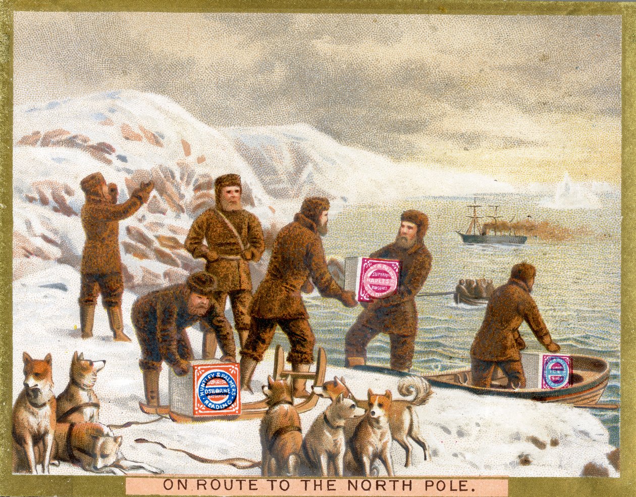 En route vers le pôle Nord, carte promotionnelle pour les biscuits Huntley & Palmers, vers 1890 - English School