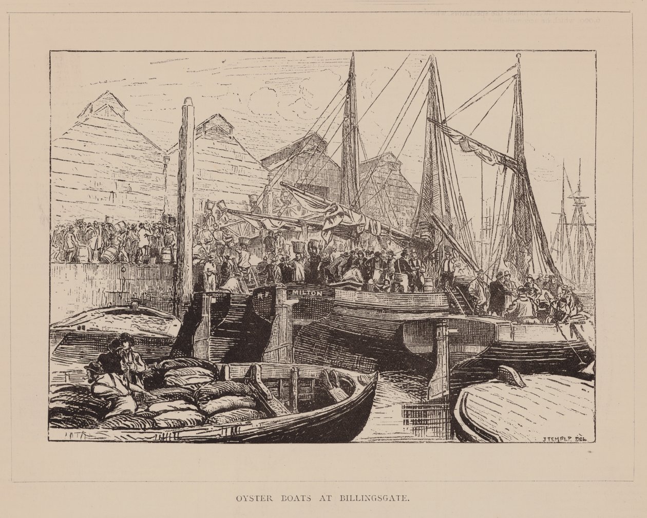 Bateaux à huîtres à Billingsgate (gravure) - English School