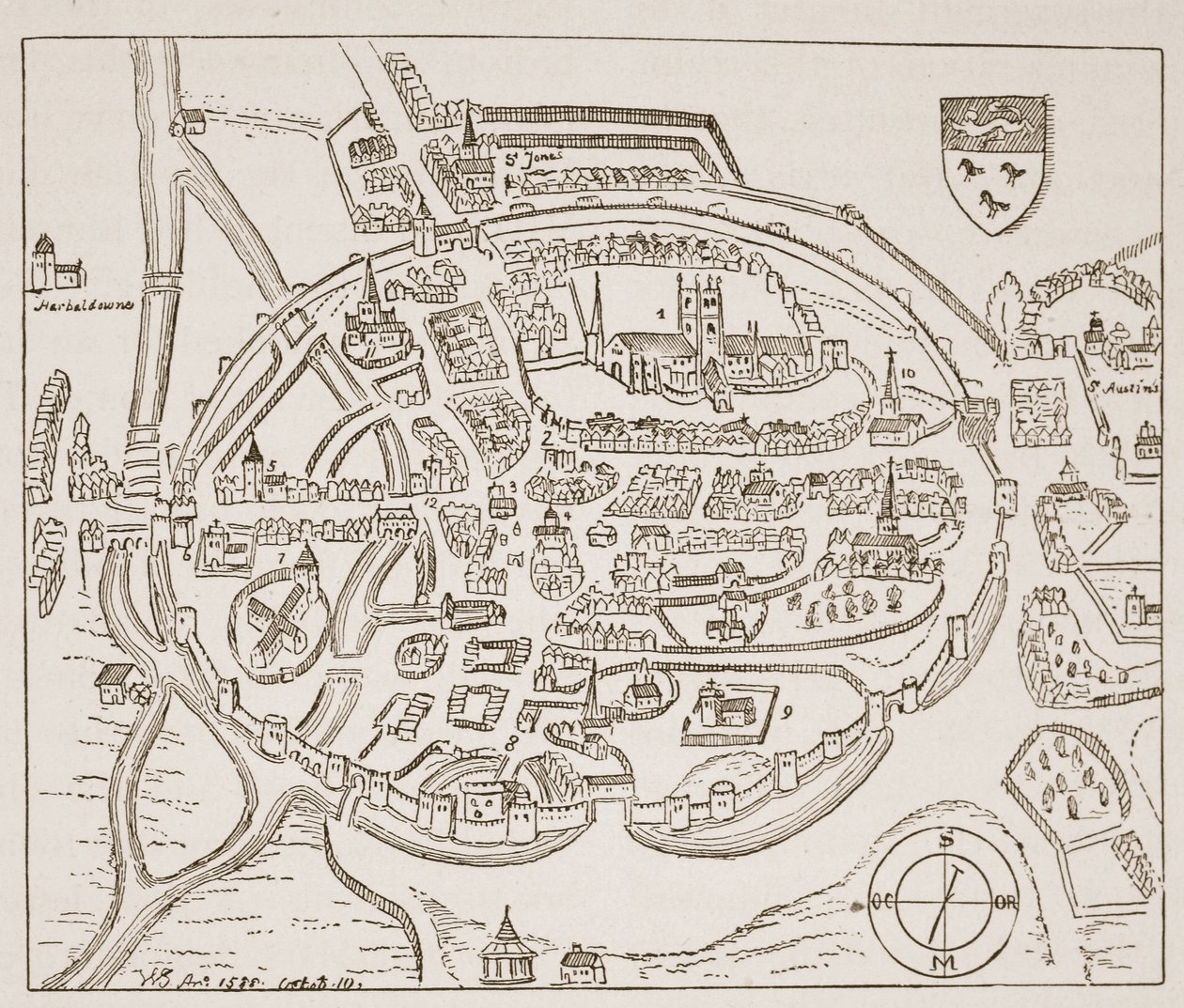 Vue panoramique de Canterbury au XVIe siècle, illustration de The Church of England: A History for the People par H.D.M. Spence-Jones - English School