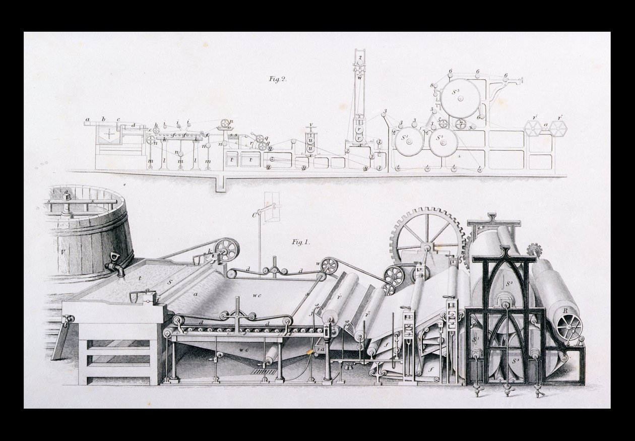 Machine à fabriquer du papier, de Cyclopaedia of Useful Arts & Manufactures, édité par Charles Tomlinson, vers 1880 - English School