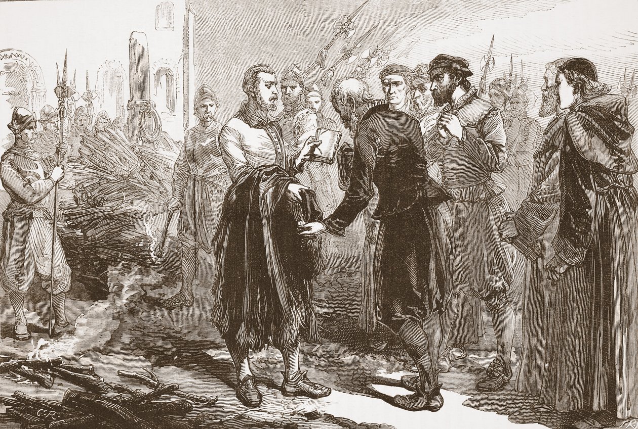 Séparation de Patrick Hamilton de ses amis au bûcher, illustration de L