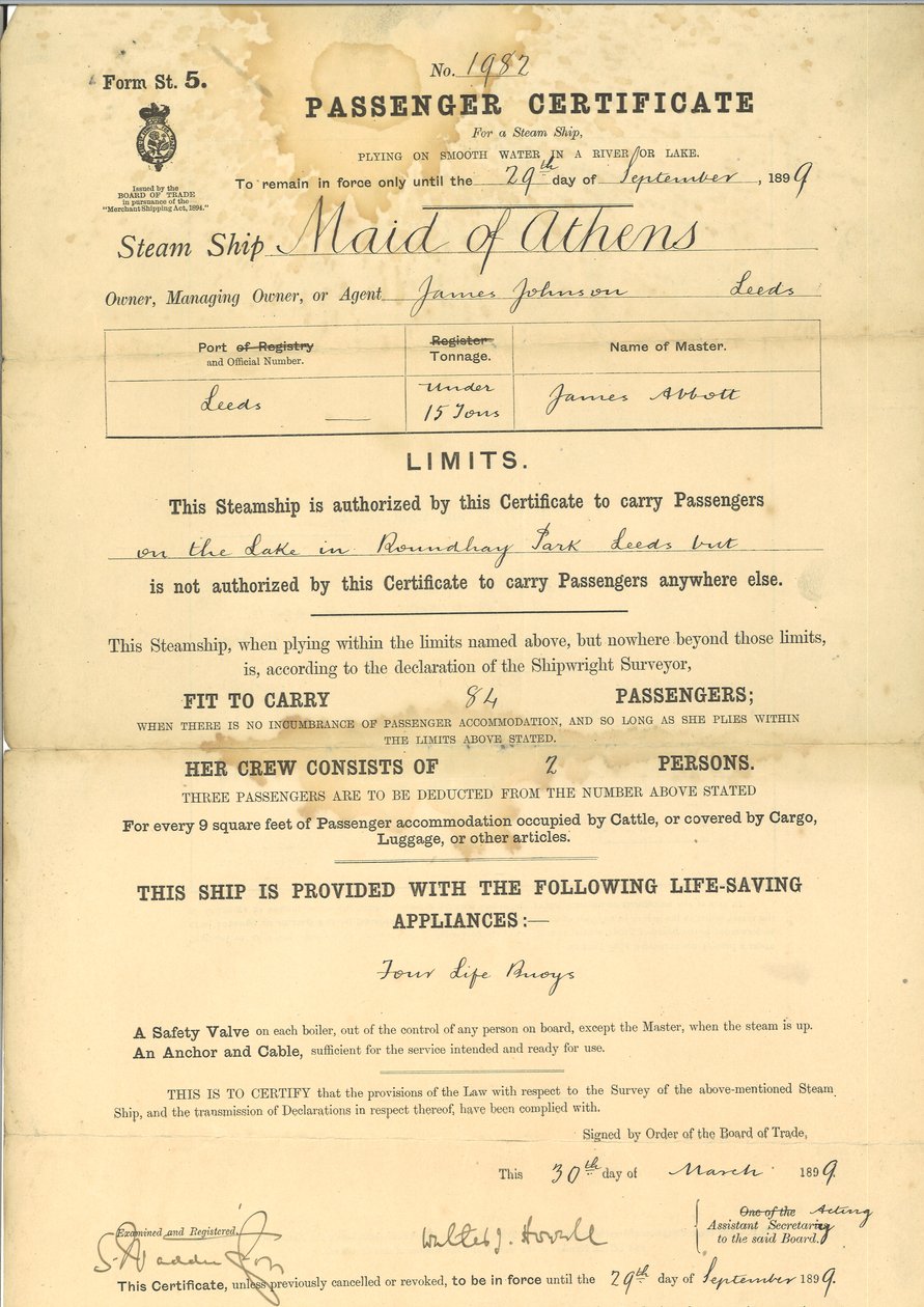 Certificat de passager pour le bateau à vapeur The Maid of Athens - English School