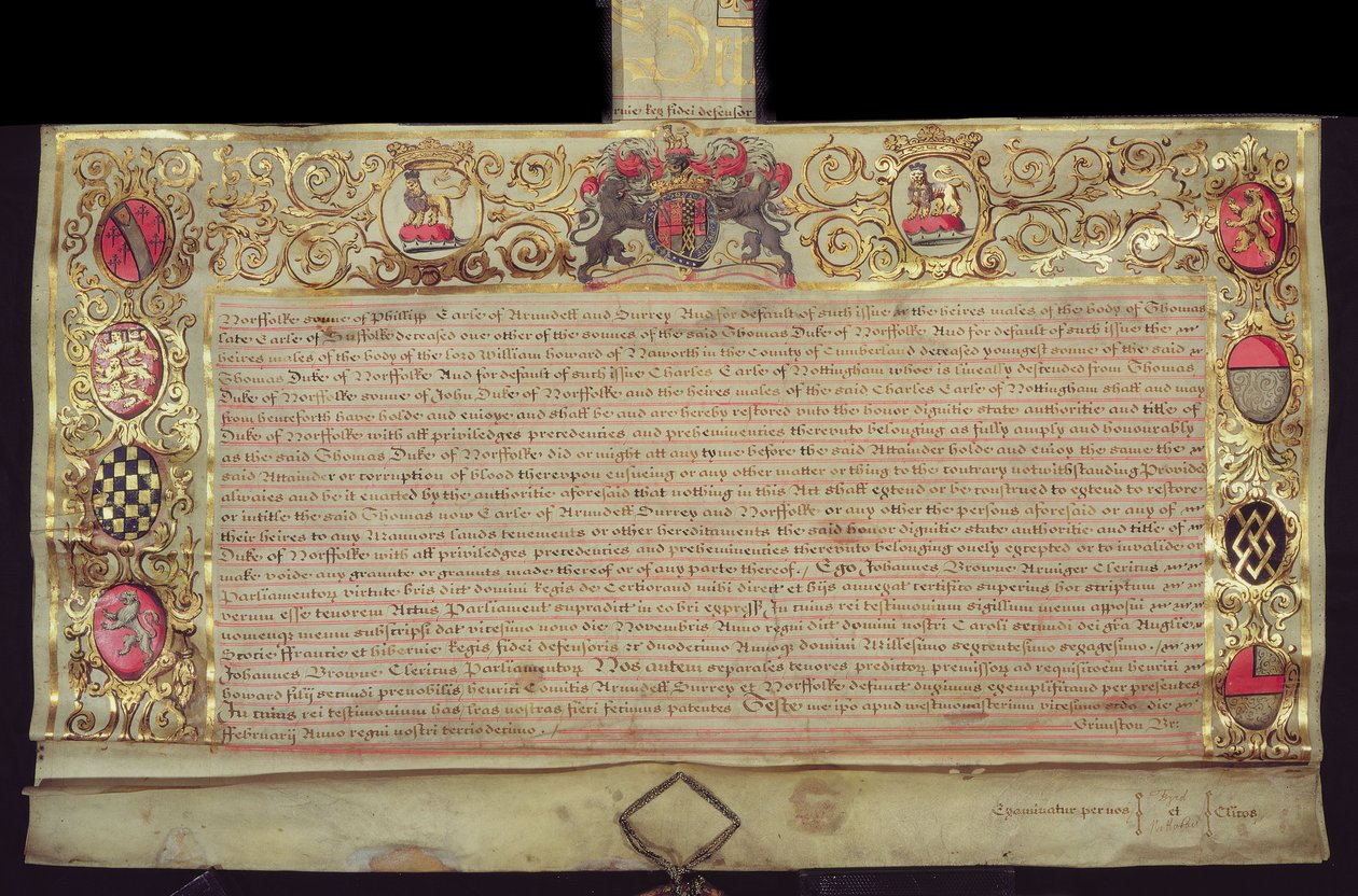 Brevet pour la restauration du duché de Norfolk, par Charles II, 1660 - English School