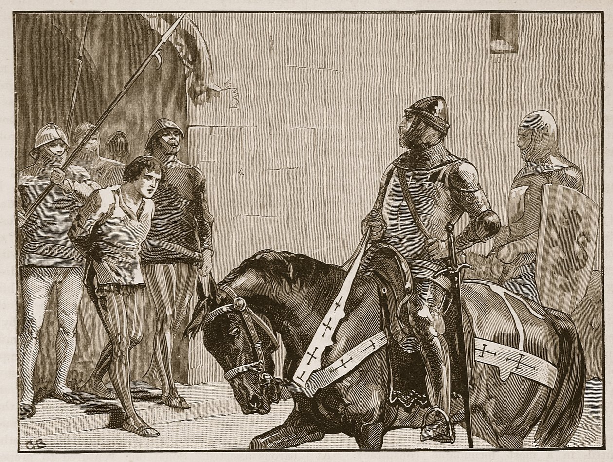 Piers Gaveston devant le comte de Warwick, illustration de Cassells Illustrated History of England - English School