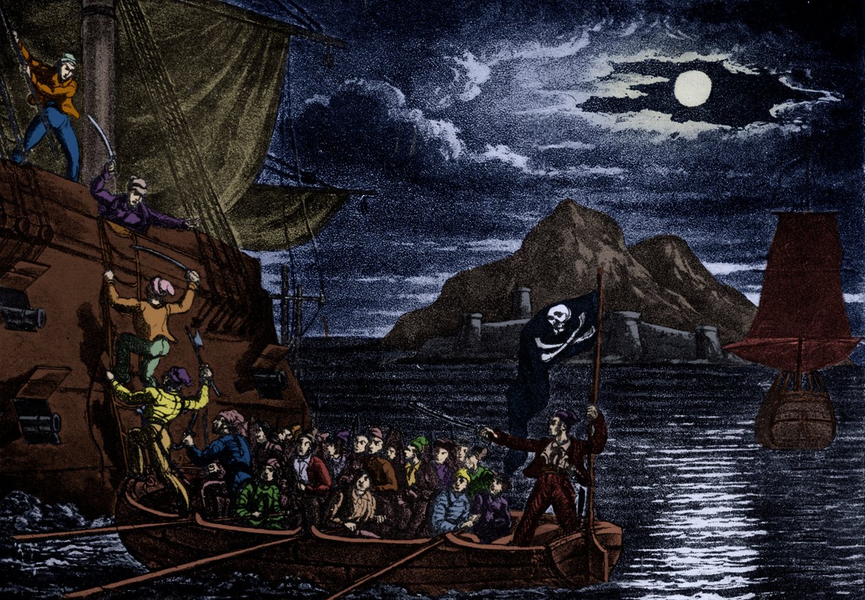Pirates abordant un navire espagnol, Antilles, illustration de 