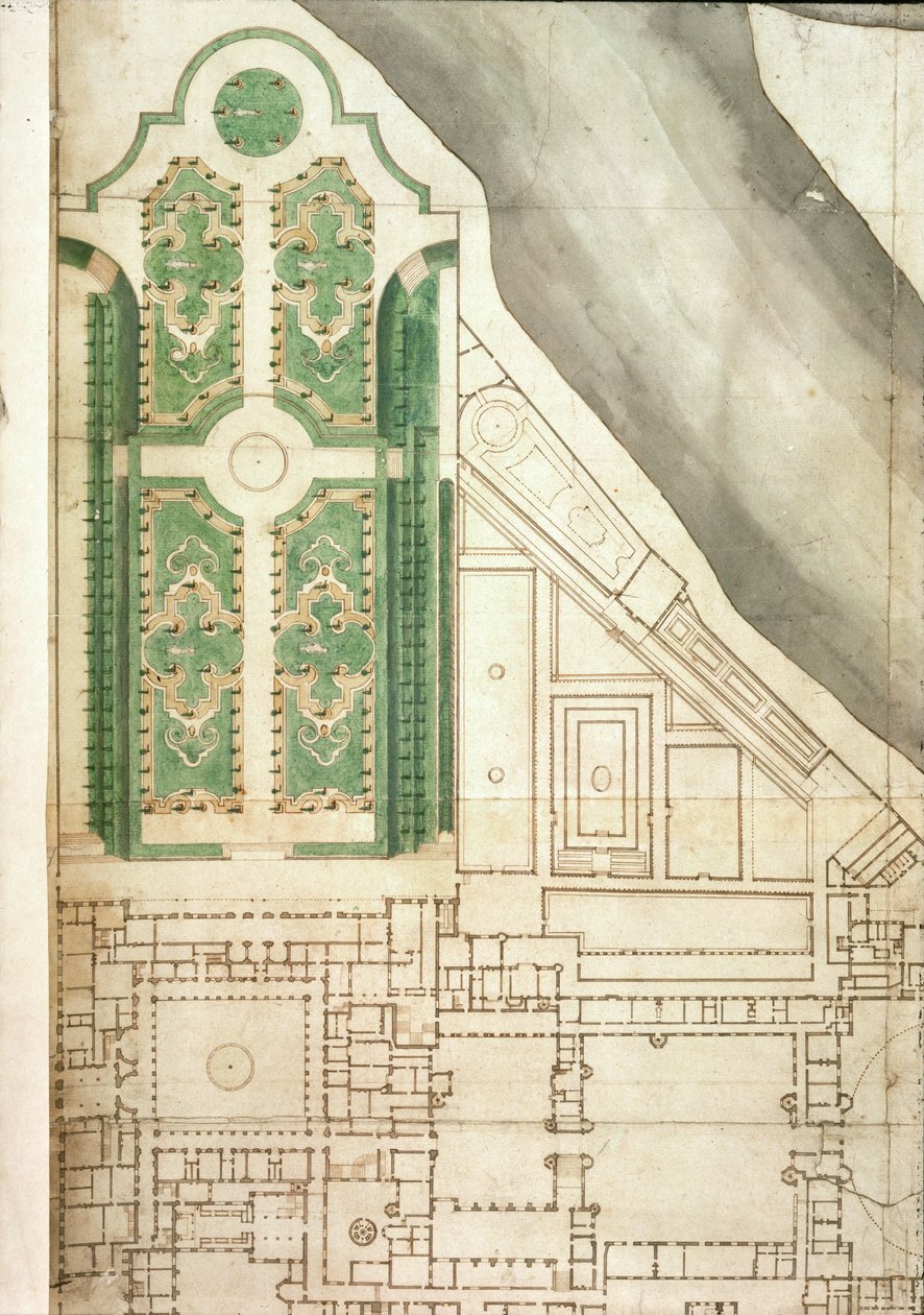 Plan de Hampton Court et de ses jardins, vers 1714 - English School