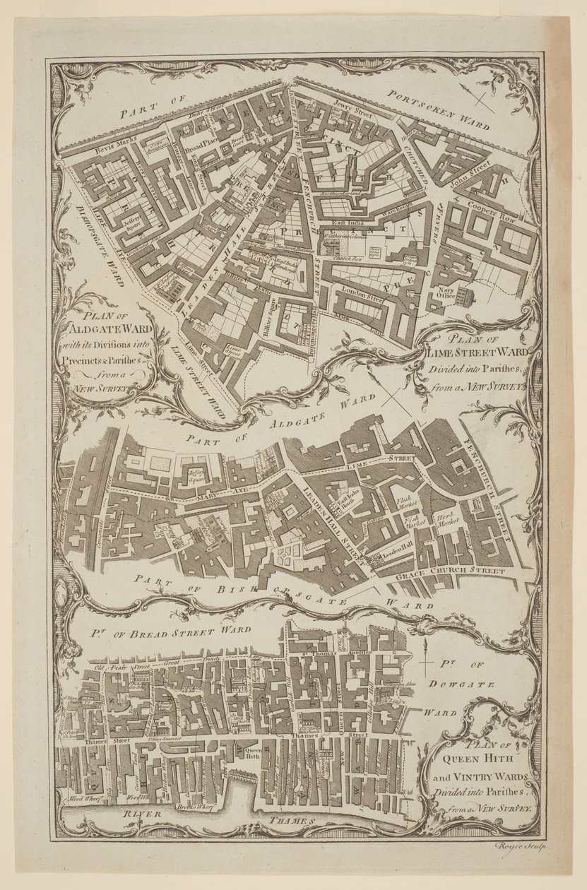 Plan de Queen Hith et Vintry Wards divisés en paroisses d