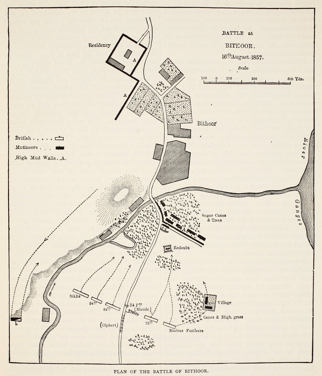Plan de la bataille de Bithoor, 16 août 1857, de Cassells Illustrated History of England - English School