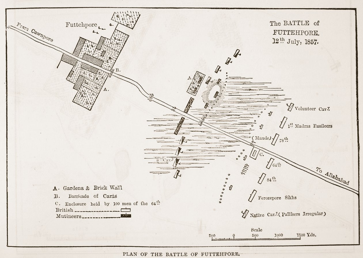 Plan de la bataille de Futtehpore, 12 juillet 1857, de Cassells Illustrated History of England - English School