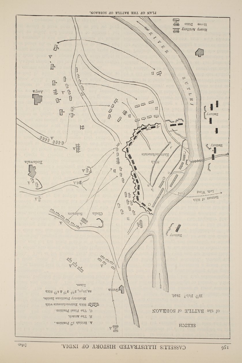 Plan de la bataille de Sobraon, 10 février 1846, illustration de Cassells Illustrated History of England - English School