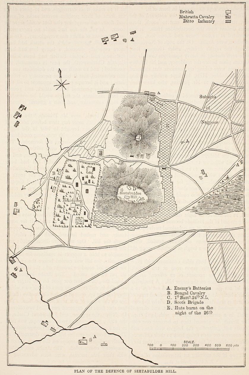 Plan de la défense de Seetabuldee Hill, illustration de Cassells Illustrated History of India par James Grant, pub. 1879 - English School