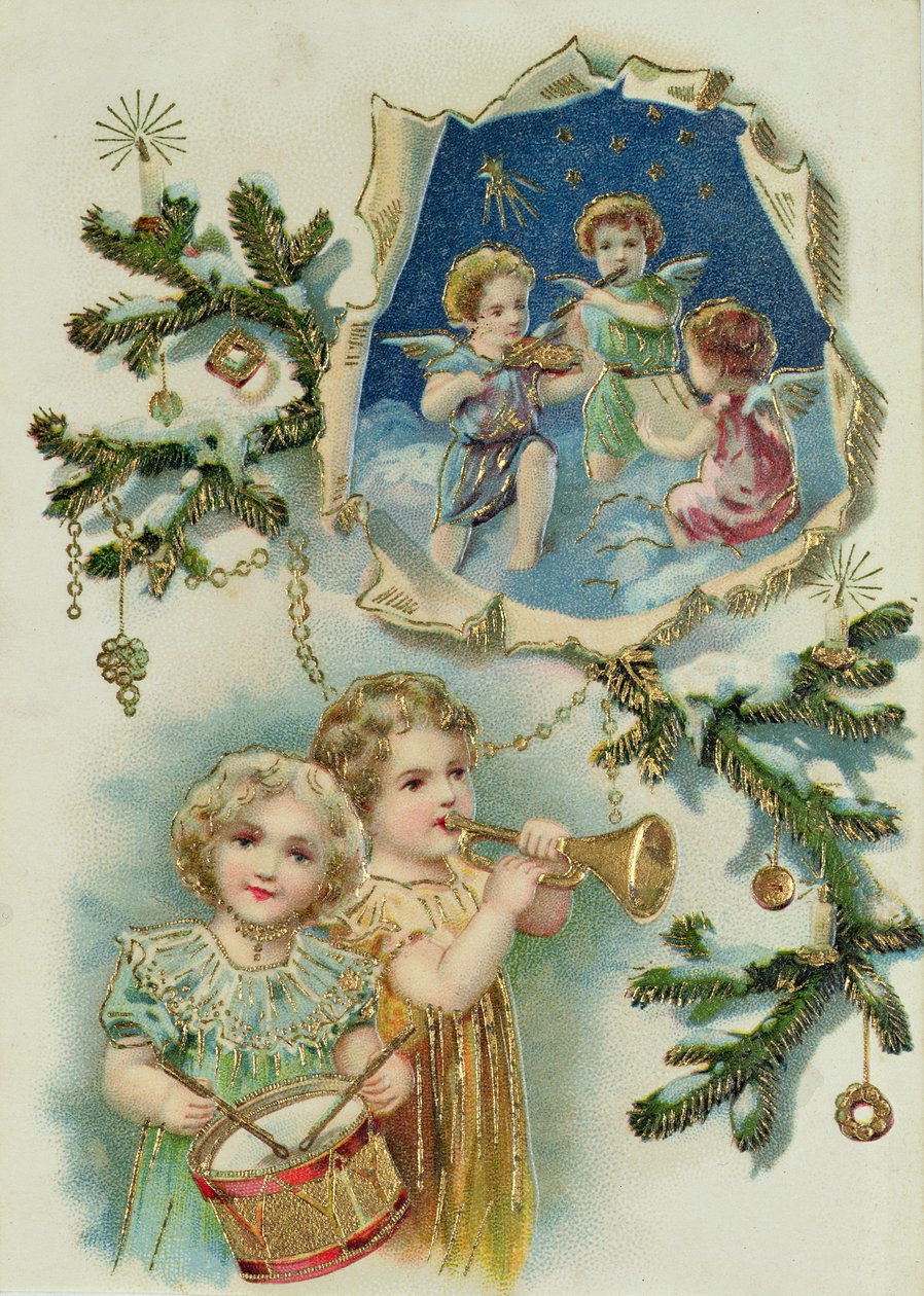 Jouer des instruments de musique, carte de Noël victorienne (impression) - English School