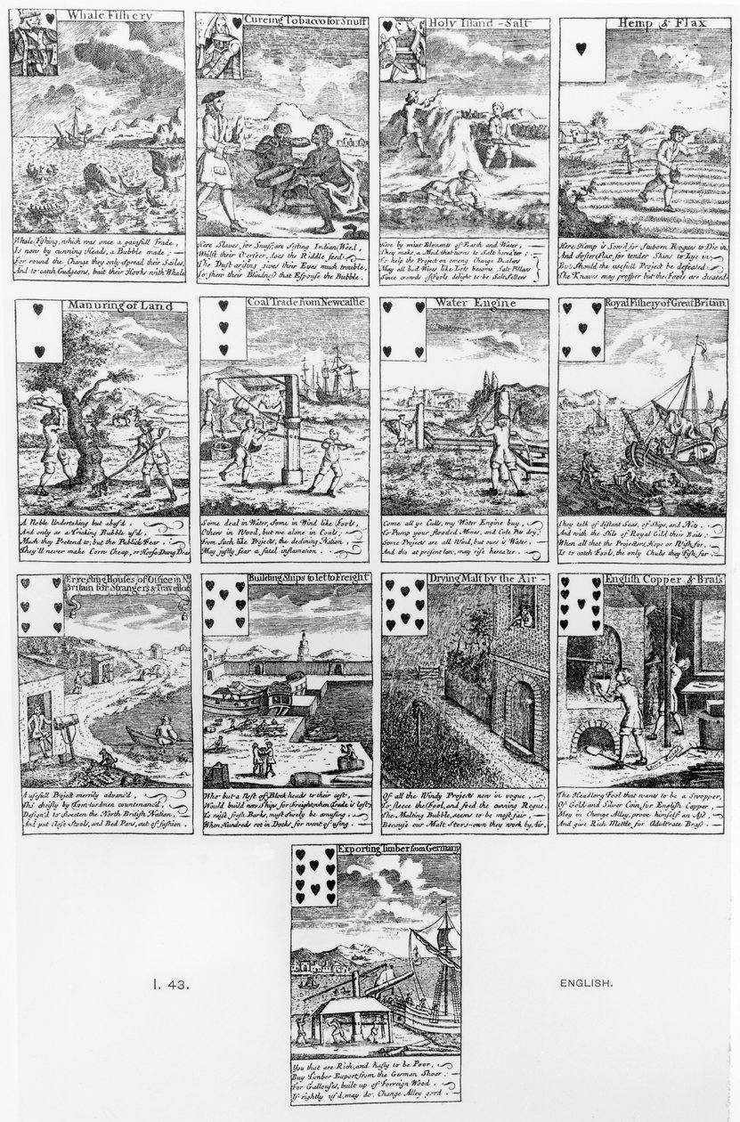 Cartes à jouer satirisant les entreprises spéculatives, vers 1720 - English School