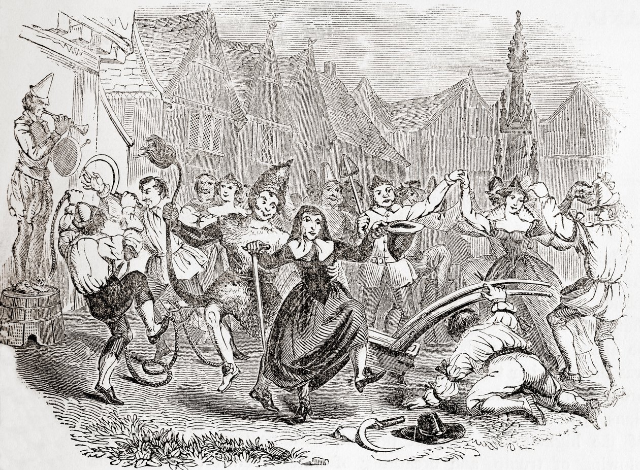 Célébrations du Plough Monday, la danse de Bessie et le Clown, tirée de Old England: A Pictorial Museum, pub. 1847 - English School