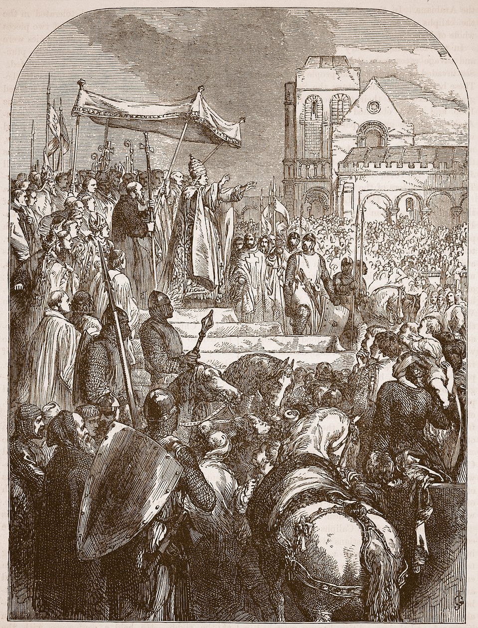 Le pape Urbain II prêchant la Première Croisade sur la place du marché de Clermont, 1096, illustration de Cassells Illustrated History of England - English School