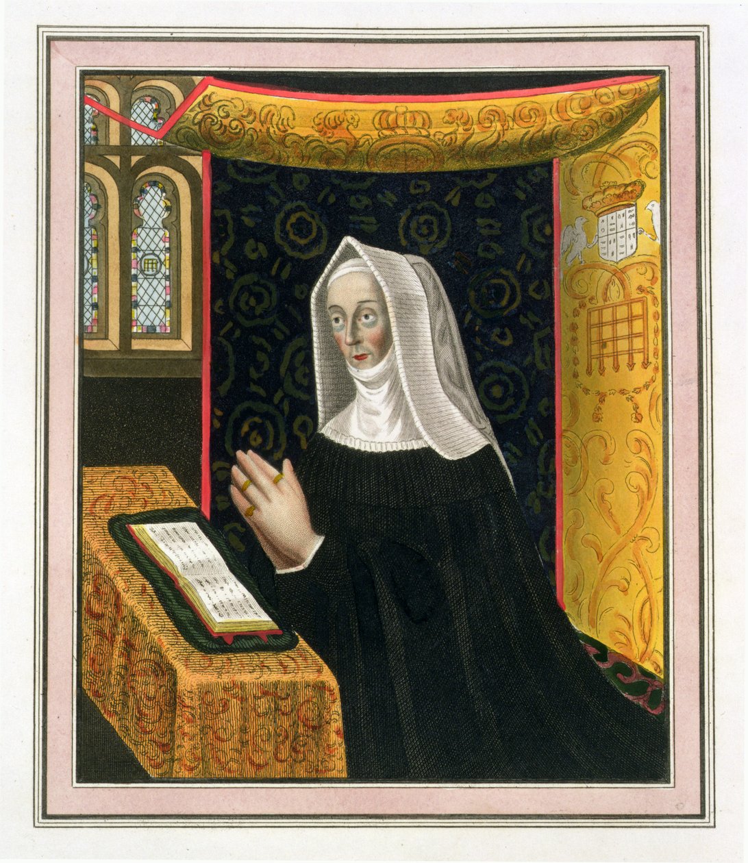 Portrait de Margaret Beaufort, comtesse de Richmond et Derby (1443-1509), fondatrice du St. Johns College, Cambridge, de The History of Cambridge, pub. par R. Ackermann, 1815 - English School