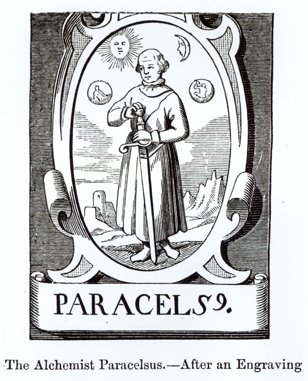 Portrait de Paracelse (Philippus Aureolus Theophrastus) (1493-1541), illustration de Science et Littérature au Moyen Âge et à la Renaissance, écrit et gravé par Paul Lacroix, 1878 - English School