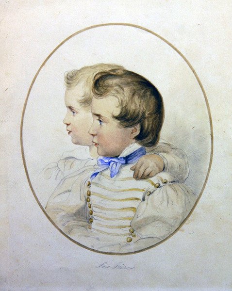 Portrait de deux frères en costume militaire, vers 1840 - English School