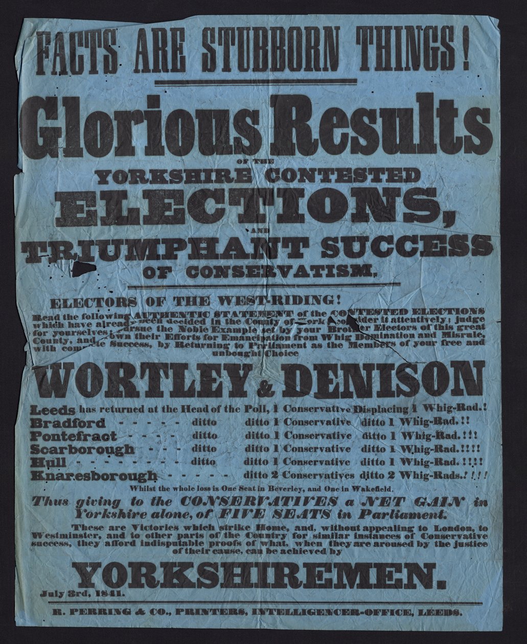 Affiche célébrant la victoire des candidats conservateurs aux élections parlementaires dans le Yorkshire - English School