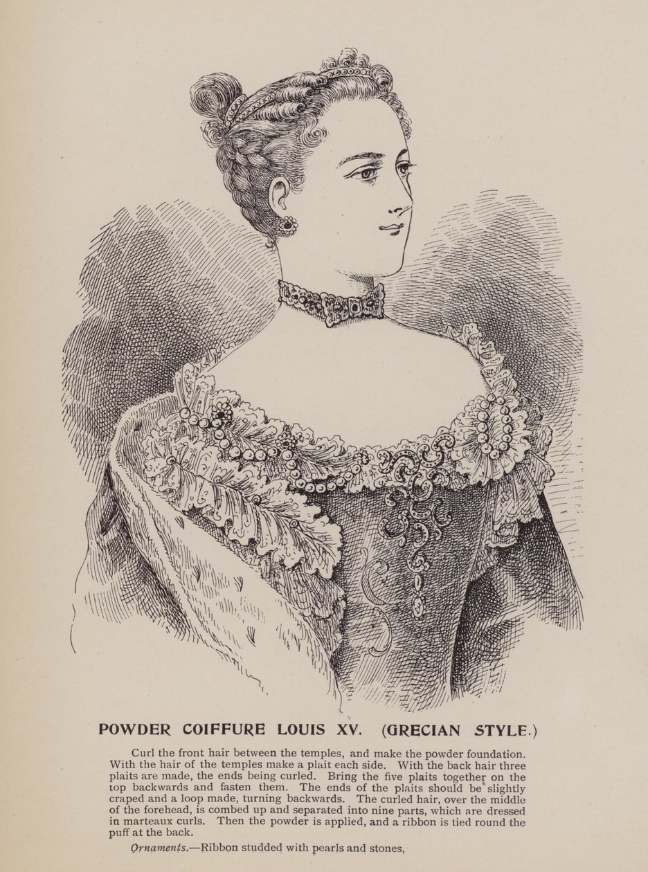 Coiffure en poudre Louis XV, style grec (gravure) - English School