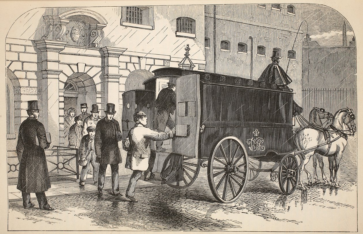 Fourgon pénitentiaire prenant des prisonniers à la maison de détention, illustration de The Criminal Prisons of London and Scenes from Prison Life par Henry Mayhew et John Binny, pub. 1862 - English School