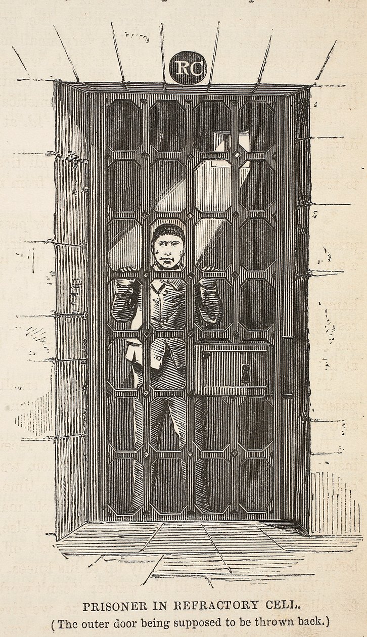 Prisonnier dans une cellule réfractaire (la porte extérieure étant supposée être ouverte), illustration de The Criminal Prisons of London and Scenes from Prison Life par Henry Mayhew et John Binny, pub. 1862 - English School