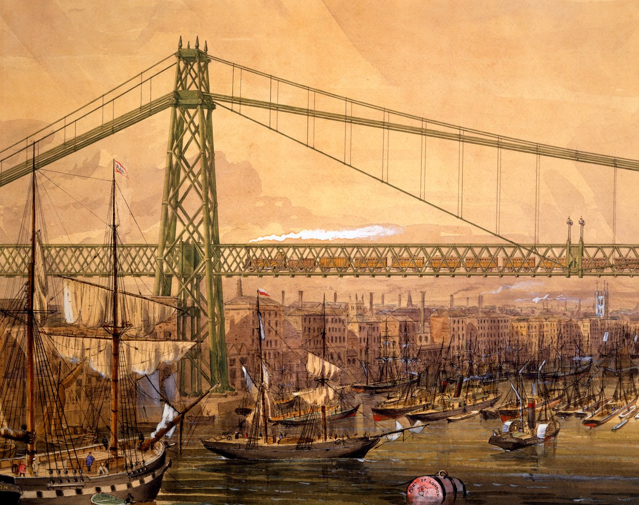 Projet de pont ferroviaire sur la Tamise, près de la Tour (aquatinte colorée à la main) - English School